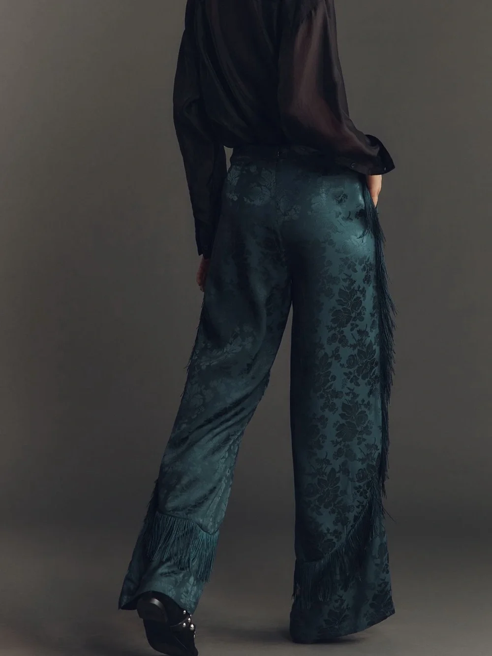 Anthropologie Patterned Fringe Trouser Pants New 12 Dark Green Teal Jacquard - Picture 4 of 16